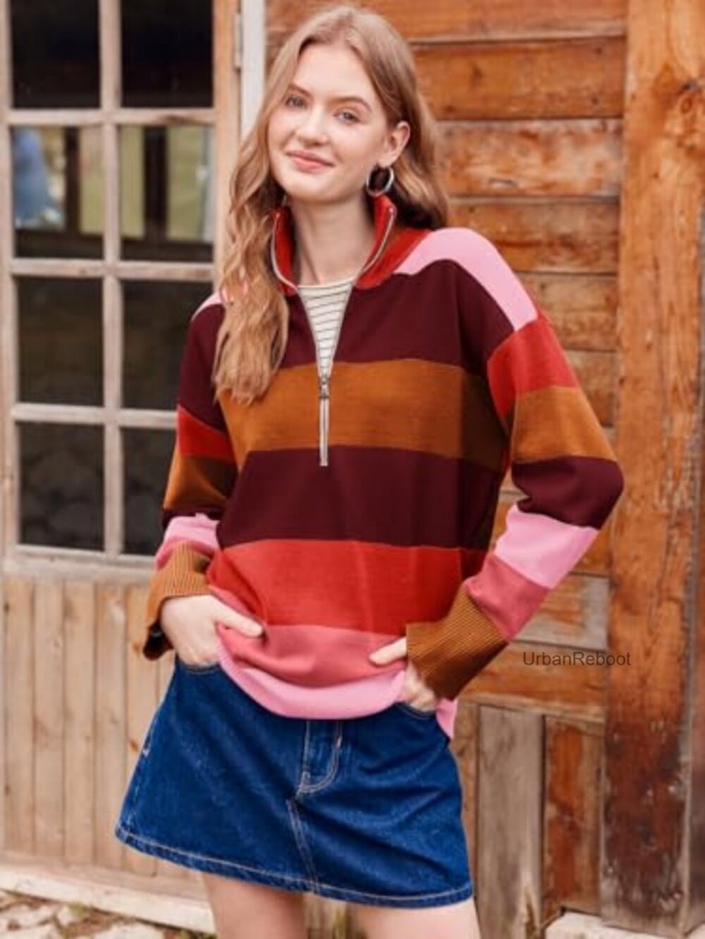 Womens Striped Half Zip Oversized Turtleneck Pullover Sweater Fall Winter - Picture 4 of 6